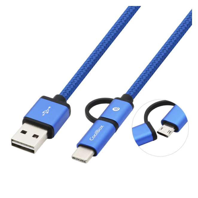 CoolBox CABLE TRENZADO DE USB-A A MICRO-USB Y USB-C AZUL