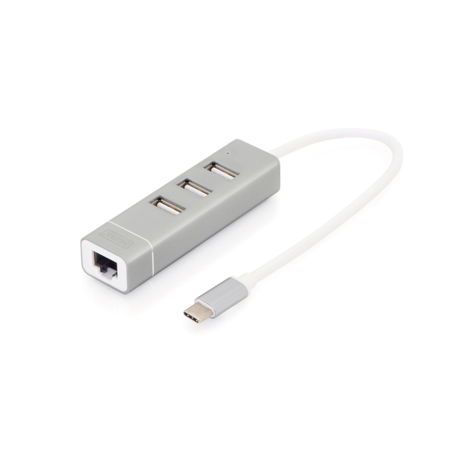 Digitus Concentrador USB 2.0 de 3 puertos y adaptador LAN Fast Ethernet con conexión Type-C™