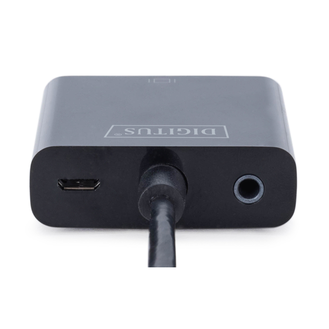 Convertidor HDMI a VGA en uso con computadora y monitor