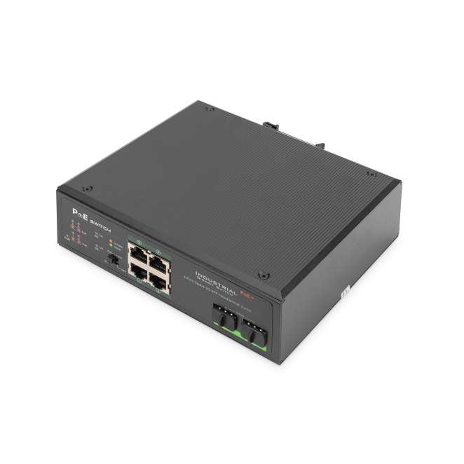 Digitus Conmutador PoE de red Gigabit Ethernet de 4 puertos, industrial, no gestionado, 2 enlaces ascendentes SFP