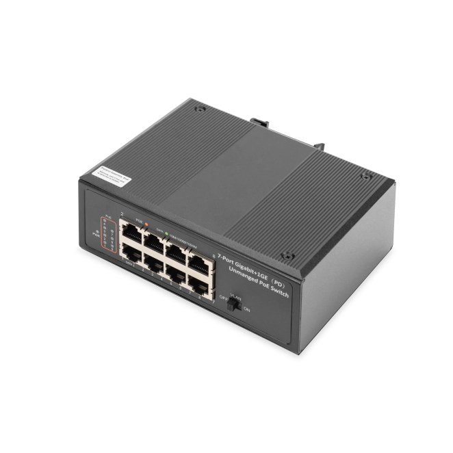 Digitus Conmutador PoE de red Ethernet Gigabit de 7 puertos, industrial, no gestionado, 1 puerto DPD