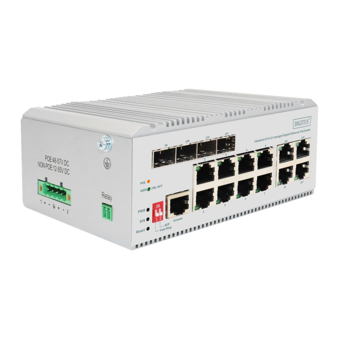 Digitus Conmutador PoE de red Gigabit Ethernet de 8 puertos, industrial, gestionado L2, 4 enlaces SFP