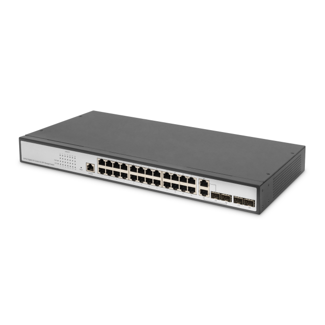Digitus Conmutador Gigabit Ethernet Layer 2, 24 puertos, 2 puertos combinados RJ45/SFP y 2 puertos SFP Uplink