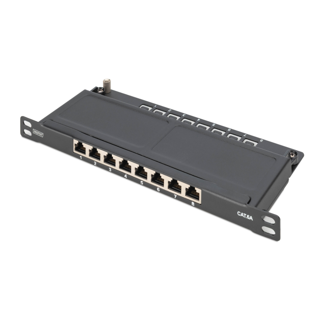 Digitus CAT 6A Slim Patch Panel, blindado, 8 puertos, 0,5 U, 10 pulgadas, negro