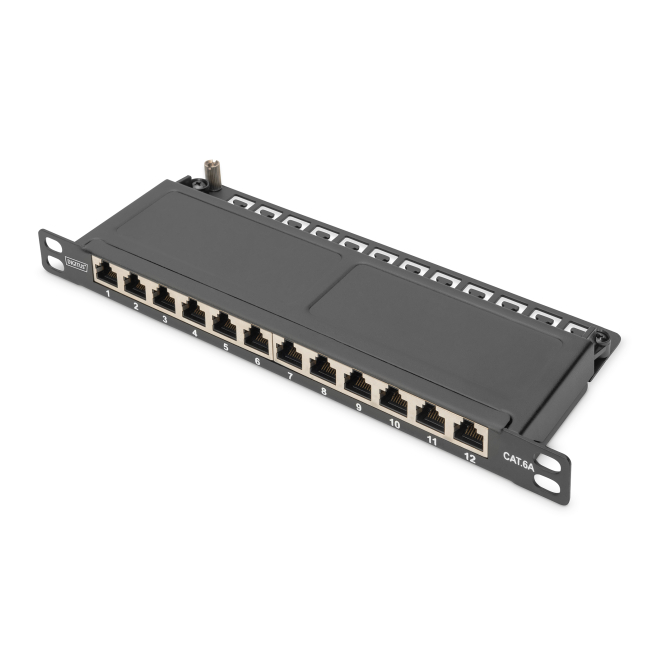 Digitus CAT 6A Slim Patch Panel, blindado, 12 puertos, 0,5 U, 10″, negro