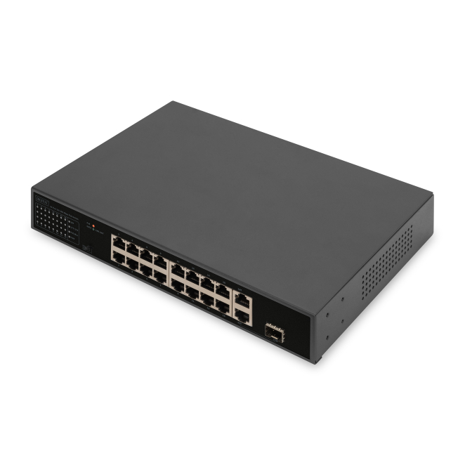 Digitus Conmutador PoE Fast Ethernet de 16 puertos, 2 enlaces ascendentes Gigabit (RJ45/SFP)