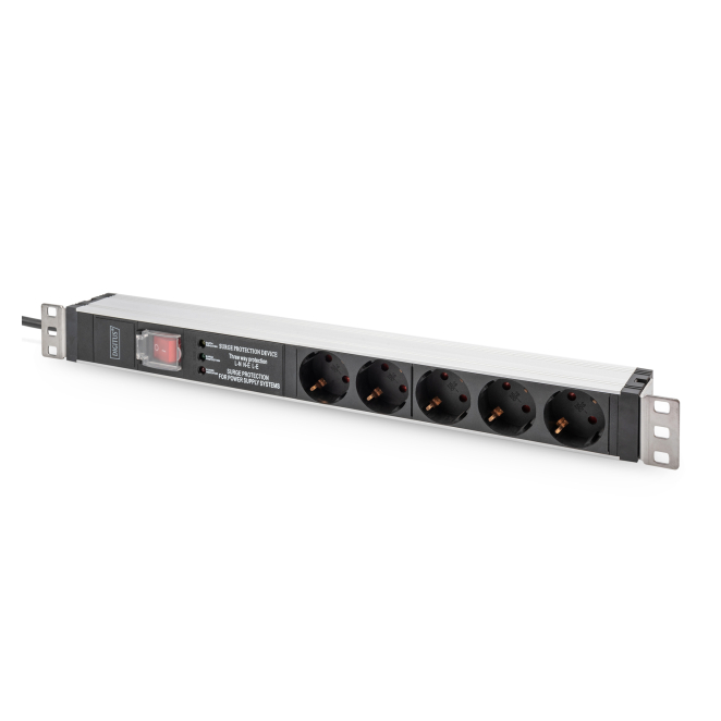 Digitus Regleta de enchufes con perfil de aluminio y conmutador, protección contra sobrecarga, filtro de red integrado, 5 enchufes con contacto de pue