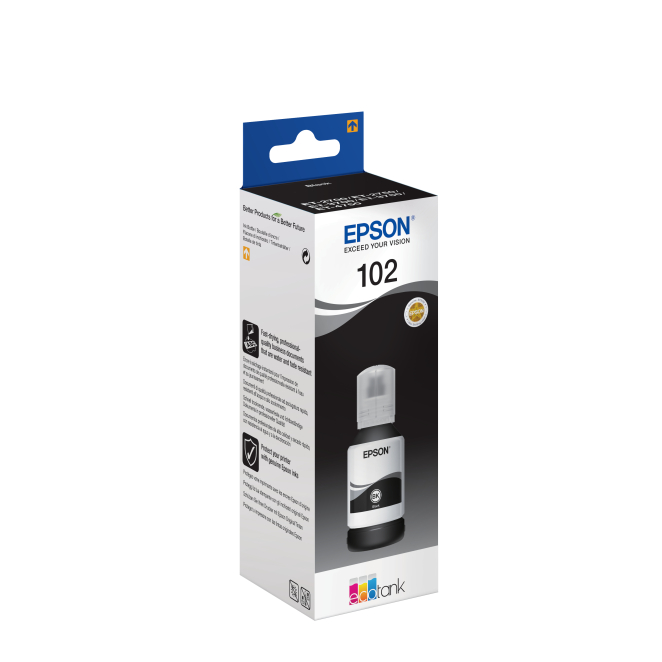 Epson 102 EcoTank Pigment Black ink bottle en paquete