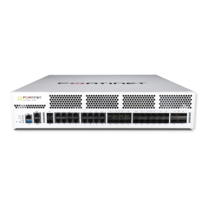 FortiGate-1801F 4x 100GE/40GE QSFP28 slots, 12x 25GE SFP28 /10GE SFP+ slots, 2x 10GE SFP+ HA slots, 8x GE SFP slots, 18x GE RJ45 ports, 2x 960GB on board SSD storage. SPU NP7 and CP9 accelerated, dual AC power supplies