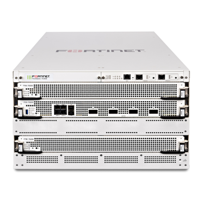 FortiGate-7030E-SFP10G 6U 3-slot chassis with 2x FPM-7620E processing modules, 1x FIM-7901E module with 32x 10GE SFP+ slots, 1x manager module, and 3x hot swappable redundant PSU