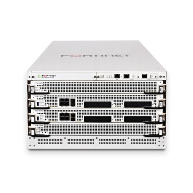 FortiGate-7040E-8 6U 4-slot chassis with 2x FPM-7620E Processor Modules, 2x FIM-79xxE-C specified at purchase, 1x Manager Module and 3x hot swappable redundant PSU