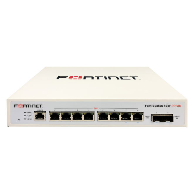 FortiSwitch-108F-FPOE L2+ management switch with 8xGE + 2xSFP + 1xRJ45 console and automatic limited 130W POE