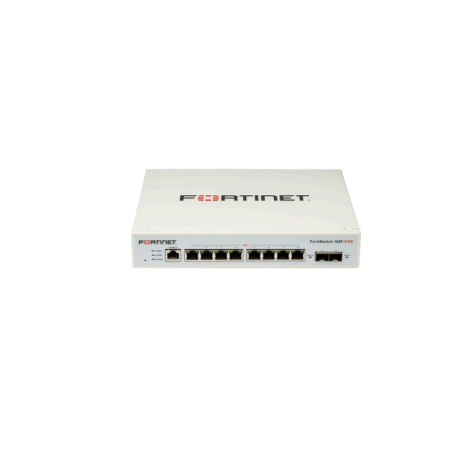FortiSwitch-108F-POE Fanless L2+ management switch with 8xGE + 2xSFP + 1xRJ45 console and automatic limited 65W POE