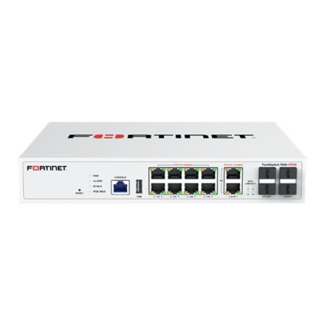 FortiSwitch-110G-FPOE Layer 2 FortiGate switch controller compatible PoE 802.3bt switch with 2x 5G RJ45 with PoE bt, 8x 2.5G RJ45 with PoE af/at and 4x SFP+ ports. Fanless. Max 200W PoE output limit.