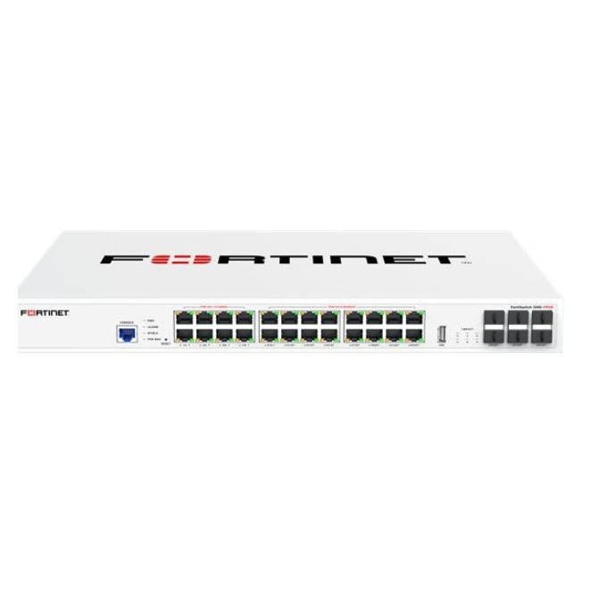 FortiSwitch-124G-FPOE Layer 2 FortiGate switch controller compatible PoE switch with 24x 2.5G/1G/100M RJ45 ports - 8x 802.3bt (90W) PoE and 16x 802.3af/at (30W) PoE - and 6x 10G/1G SFP+/SFP ports, and 1x RJ45 console port. Max 780W PoE output limit with smart fan/temperature control