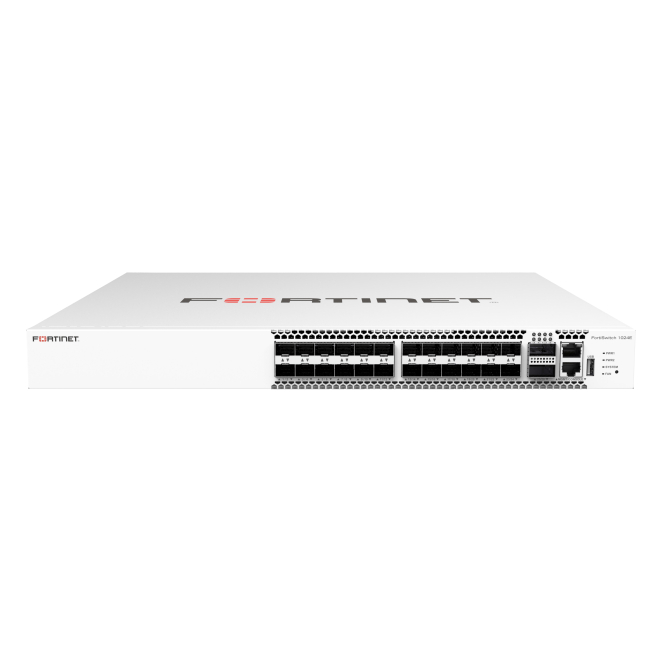 FortiSwitch-T1024E Layer 2/3 FortiGate switch controller compatible switch with 24 x 10GBase-T slots and 2 x 100GE QSFP28. Dual AC power supplies