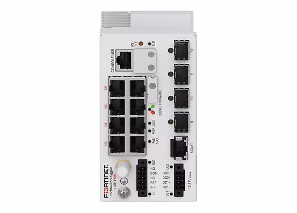 FortiSwitchRugged-112F-POE Layer 2 ruggedized FortiGate switch controller compatible PoE switch with 8 x 1GE/100M/10M RJ45 PoE 802.3bt type 4 (90W) with maximum 240W limit, and 4 x 1G/100M SFP. IP40 rating.