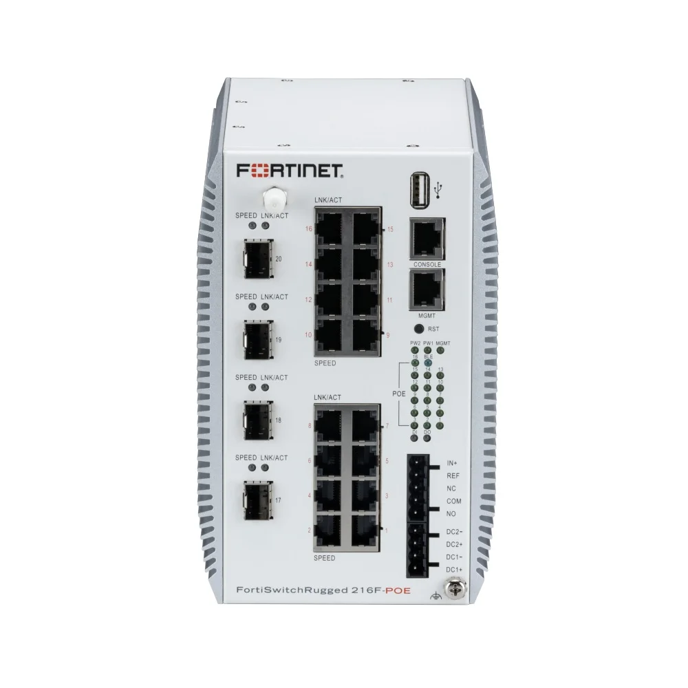 FortiSwitchRugged-216F-POE Layer 2/3 ruggedized FortiGate switch controller compatible PoE switch with 16 x 10M/100M/1GE RJ45 PoE 802.3bt type 4 (90W) with maximum 360W limit, and 4 x 1G/10GE SFP+. IP40 rating