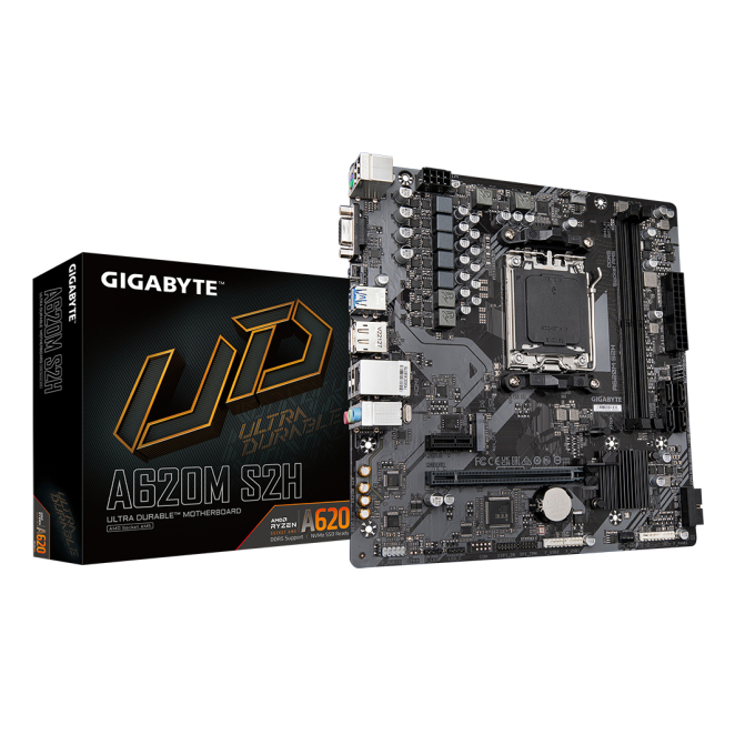 GIGABYTE A620M S2H Placa base - Soporta CPUs AMD Ryzen 8000, VRM digital de 5+2+2 fases, hasta 7200MHz DDR5 (OC), 1xPCIe 4.0 M.2, LAN GbE, USB 3.2 Gen 1