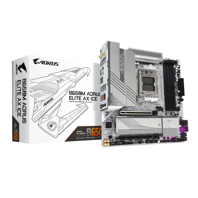 GIGABYTE B650M AORUS ELITE AX ICE Placa base - AMD Ryzen serie 9000, VRM de 12+2+2 fases, hasta 8000 MHz DDR5 (OC), 1xPCIe 5.0 + 1xPCIe 4.0 M.2, LAN 2,5 GbE, WIFI 6E, USB 3.2 Gen 2x2