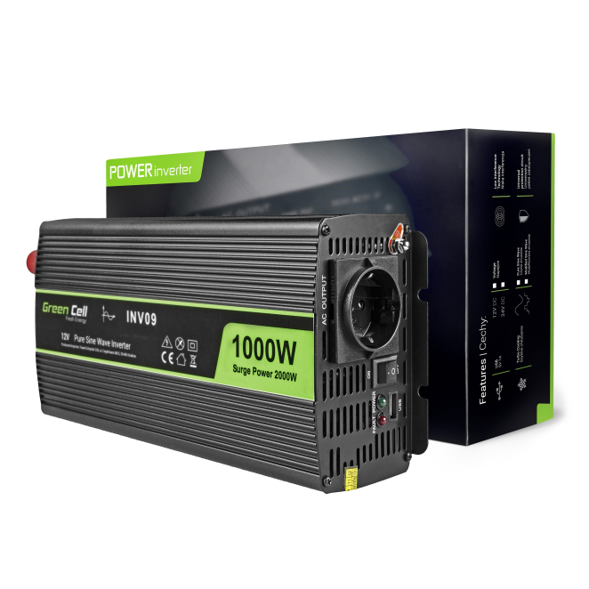 Green Cell INV09 adaptador e inversor de corriente Auto 1000 W Negro
