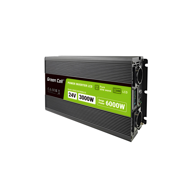 Green Cell Przetwornica napicia PowerInverter LCD 24 V 3000W/60000W Przetwornica samochodowa z wywietlaczem - czysty sinus adaptador e inversor de corriente Auto Negro