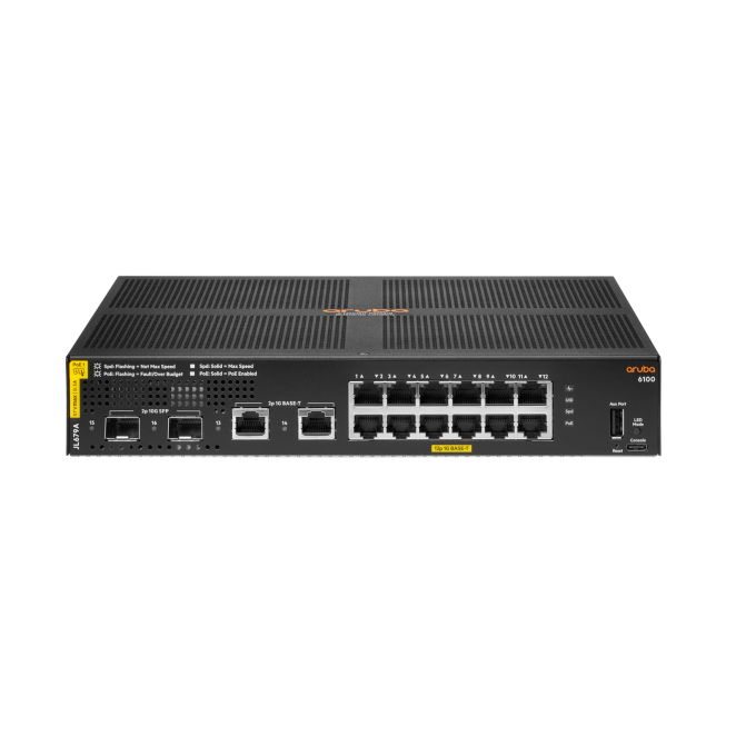 HPE Aruba Networking 6100 12G Class4 PoE 2G/2SFP+ 139W Gestionado L3 Gigabit Ethernet (10/100/1000) Energía sobre Ethernet (PoE) 1U Negro