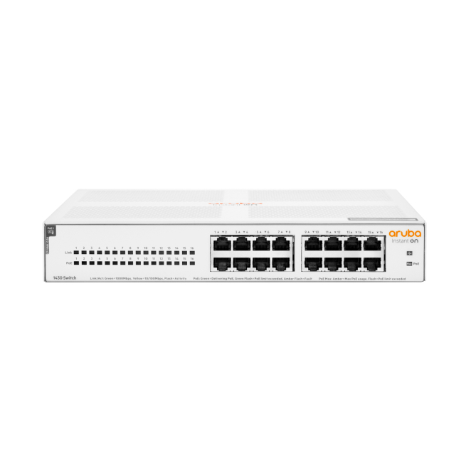 HPE Aruba Networking Aruba Instant On 1430 16G Class4 PoE 124W No administrado L2 Gigabit Ethernet (10/100/1000) Energía sobre Ethernet (PoE) 1U Blanco