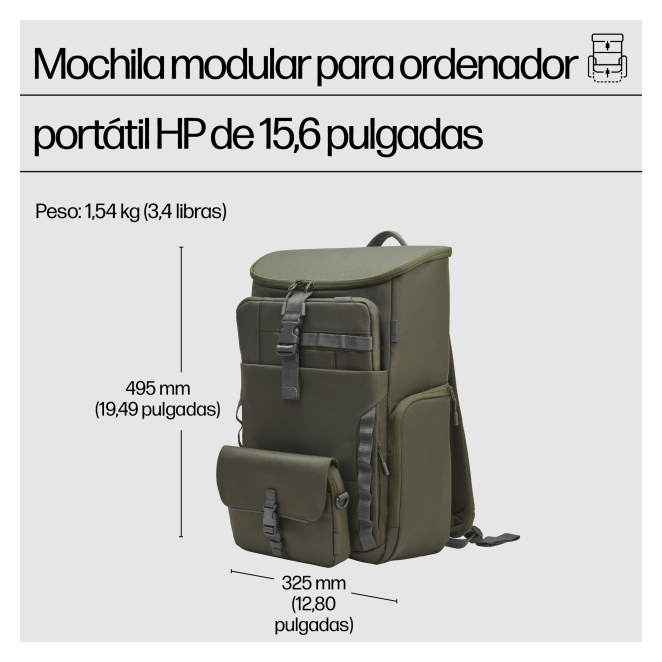HP Mochila modular para portátil de 15,6 pulgadas compartimentos abiertos