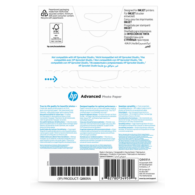 HP Papel fotográfico satinado con brillo Advanced - 25 hojas/10 x 15 cm sin bordes