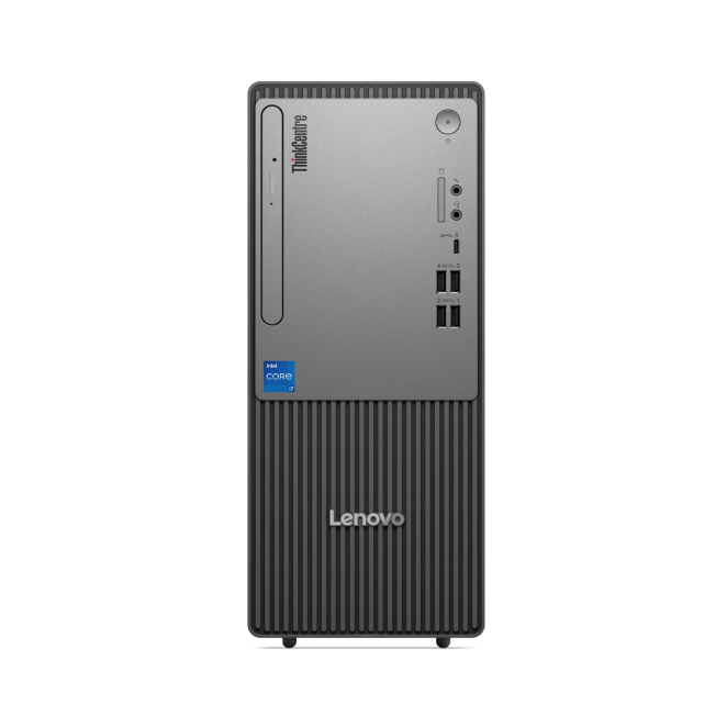 Lenovo ThinkCentre neo 50t Gen 5 en perspectiva mostrando conectores traseros.