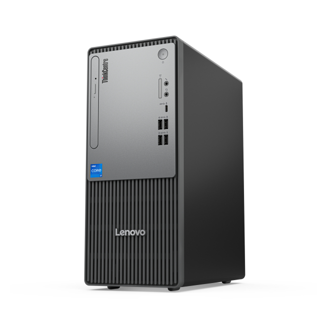 Vista lateral del Lenovo ThinkCentre neo 50t Gen 5 mostrando su diseño elegante y moderno.