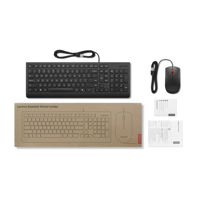 Lenovo Essential Wired Combo Black US Euro teclado Ratón incluido Universal USB Negro