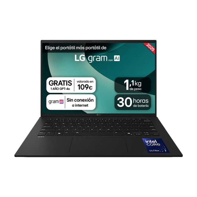 LG Gram 14Z90T-G.AD8BB ordenador portatil Intel Core Ultra 7 255H Portátil 35,6 cm (14″) WUXGA 32 GB LPDDR5x-SDRAM 2 TB SSD Wi-Fi 6E (802.11ax) Windows 11 Home Español Negro