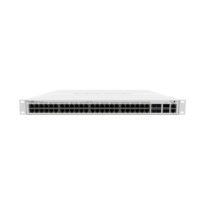 Vista trasera del Mikrotik CRS354-48P-4S+2Q+RM mostrando sus puertos PoE