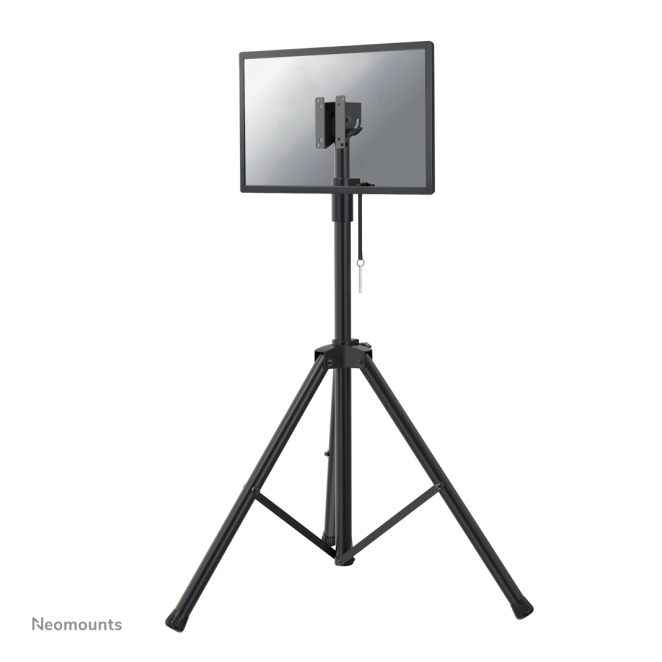 Neomounts NS-FS200BLACK soportando pantalla y ajustándose en altura