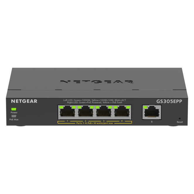 NETGEAR 5-Port Gigabit Ethernet High-Power PoE+ Plus Switch (GS305EPP) Gestionado L2/L3 Gigabit Ethernet (10/100/1000) Energía sobre Ethernet (PoE) Negro