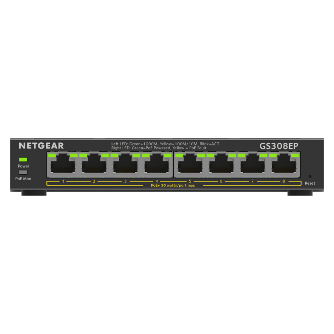 NETGEAR 8-Port Gigabit Ethernet PoE+ Plus Switch (GS308EP) Gestionado L2/L3 Gigabit Ethernet (10/100/1000) Energía sobre Ethernet (PoE) Negro