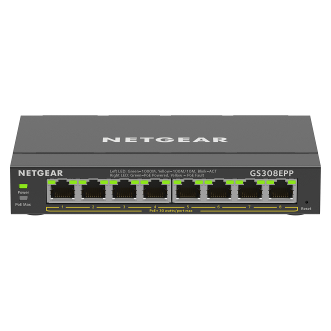 NETGEAR 8-Port Gigabit Ethernet High-Power PoE+ Plus Switch (GS308EPP) Gestionado L2/L3 Gigabit Ethernet (10/100/1000) Energía sobre Ethernet (PoE) Negro