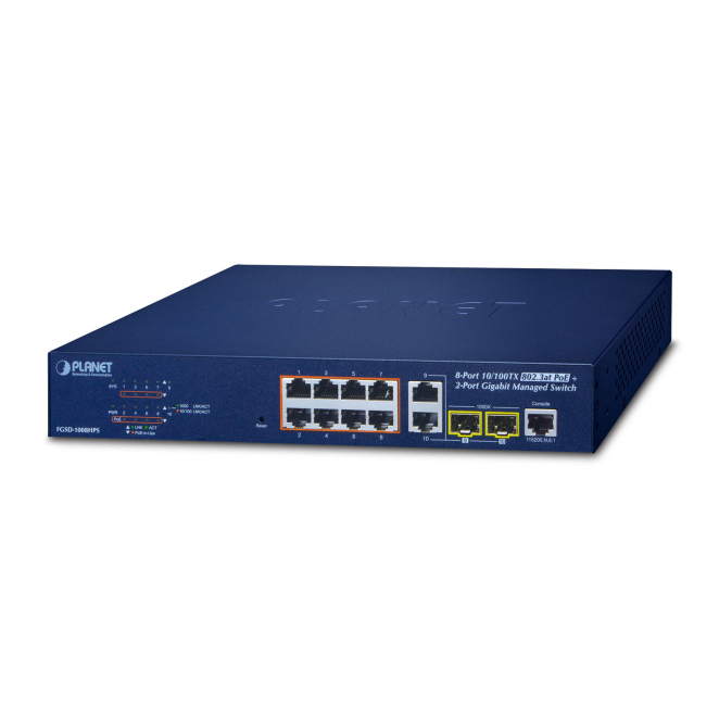 PLANET FGSD-1008HPS switch Gestionado Fast Ethernet (10/100) Energía sobre Ethernet (PoE) Azul