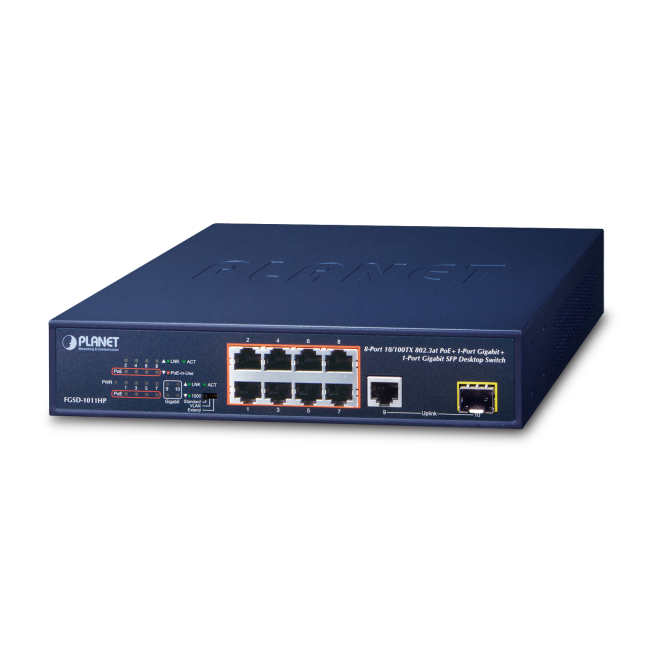 PLANET FGSD-1011HP switch No administrado Gigabit Ethernet (10/100/1000) Energía sobre Ethernet (PoE) 1U Azul