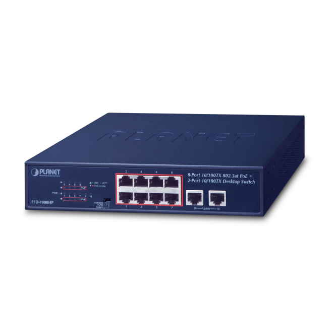 PLANET FSD-1008HP switch No administrado Fast Ethernet (10/100) Energía sobre Ethernet (PoE) 1U Azul