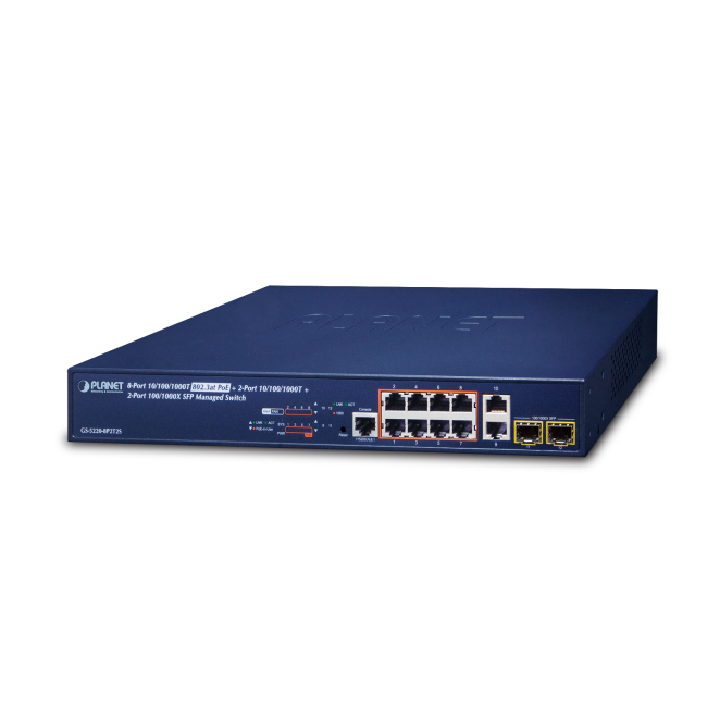 PLANET GS-5220-8P2T2S switch Gestionado L2+ Gigabit Ethernet (10/100/1000) Energía sobre Ethernet (PoE) 1U Azul