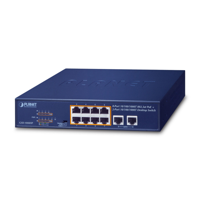PLANET GSD-1008HP switch No administrado Gigabit Ethernet (10/100/1000) Energía sobre Ethernet (PoE) 1U Azul