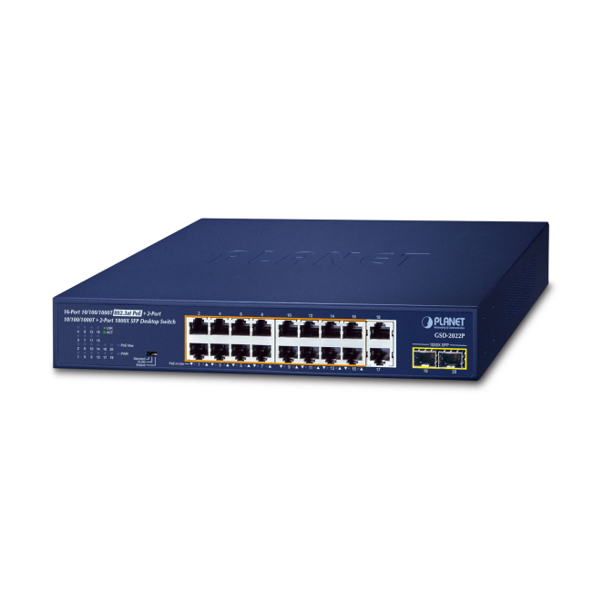 PLANET 16-Port 10/100/1000T 802.3at No administrado Gigabit Ethernet (10/100/1000) Energía sobre Ethernet (PoE) Azul