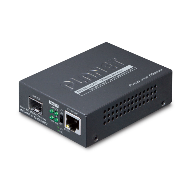 PLANET 802.3at PoE+ PD convertidor de medio 2000 Mbit/s Negro