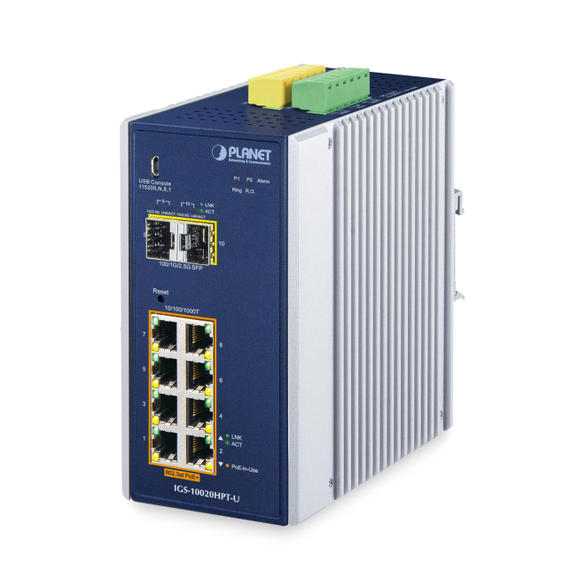 PLANET DIN-Rail L2+/L3 Manageable Gestionado L2+ Gigabit Ethernet (10/100/1000) Energía sobre Ethernet (PoE) Aluminio, Azul