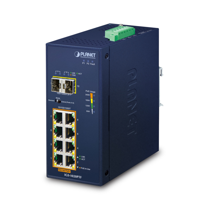 PLANET IP30 Ind 8-P 10/100/1000T No administrado Gigabit Ethernet (10/100/1000) Energía sobre Ethernet (PoE) Azul
