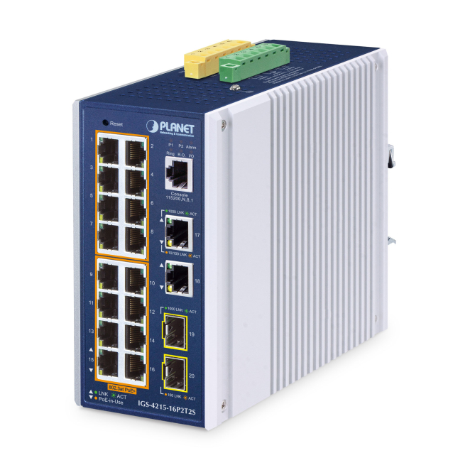 PLANET IP30 Industrial L2/L4 16-Port Gestionado L2/L4 Gigabit Ethernet (10/100/1000) Energía sobre Ethernet (PoE) Aluminio, Azul