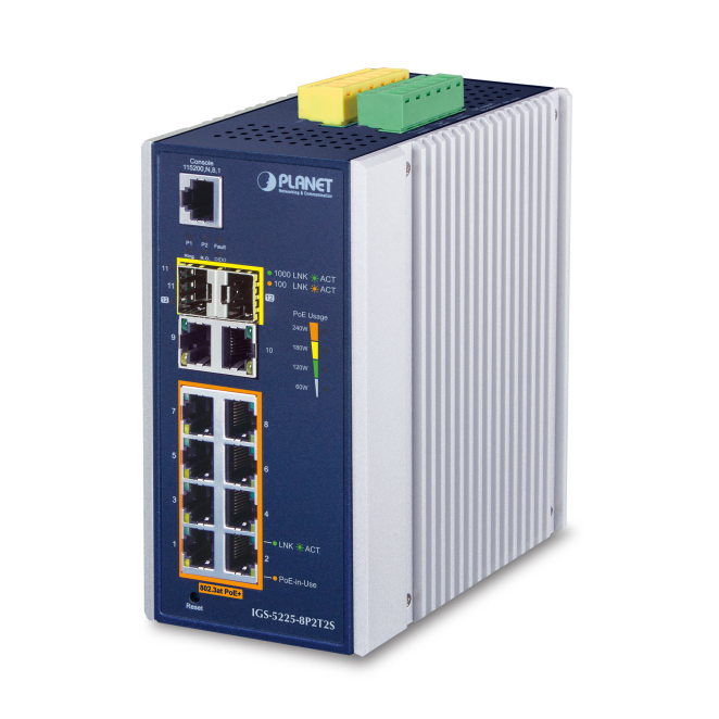 PLANET IGS-5225-8P2T2S switch Gestionado L2+ Gigabit Ethernet (10/100/1000) Energía sobre Ethernet (PoE) Azul, Blanco
